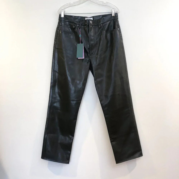 AGOLDE 100% Recycled Leather 90's Pinch Waist Green Straight Leg Pants 31 NWT - Picture 3 of 12